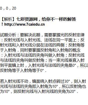 一束光垂直照在平面镜上 则入射角为 反射角为 若入射光位置不变 把平面镜绕入射点转动10 则反射光将转动